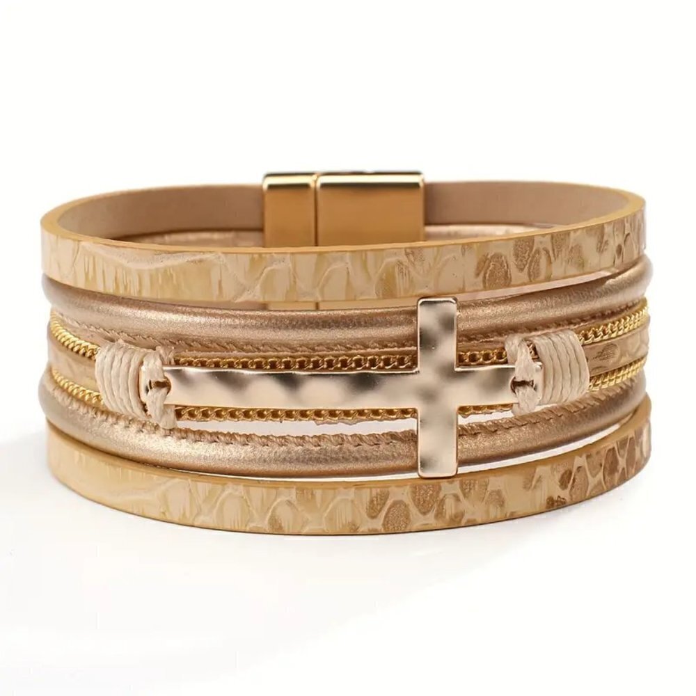 Bohemian Gold Tone Multi-Layer Bracelet Magnetic Clasp Cross Charm Religious - Picture 4 of 12
